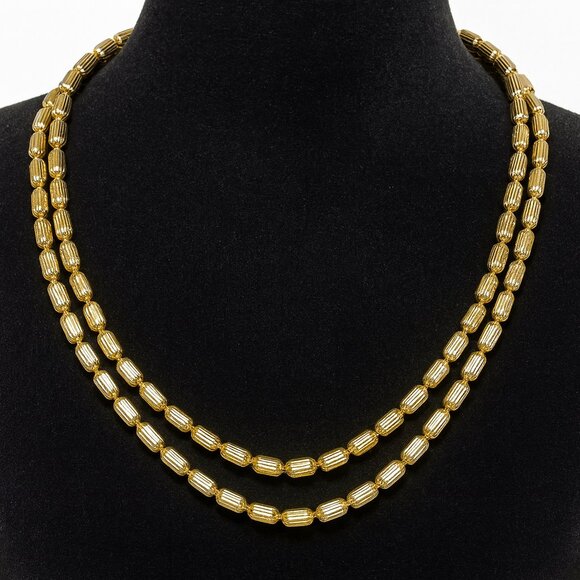 Vintage Ribbed Barrel Bead Gold-Tone Necklace 36 Inches - Picture 3 of 5